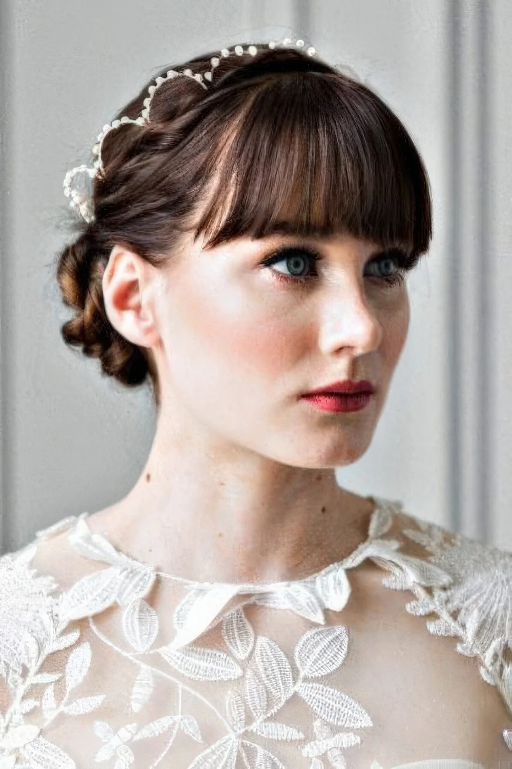 Braided low updo with a pearl headband and classic fringe are a chic and classy combo for a bride.