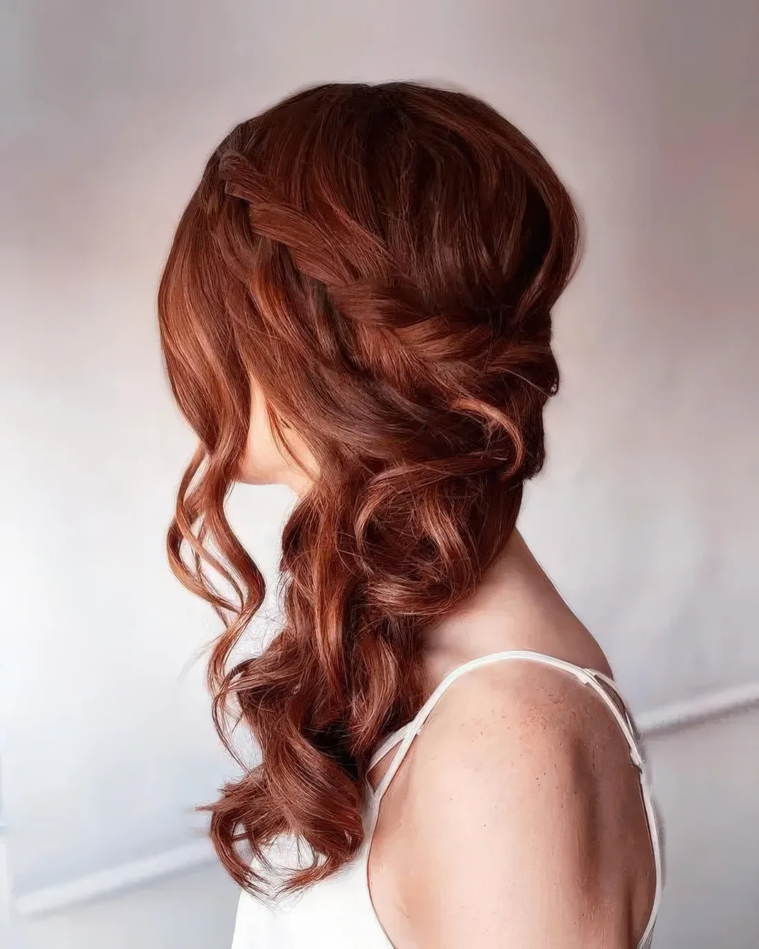 Chic ginger side swept hairstyle with a braided halo, wavy hair down and some waves framing the face.