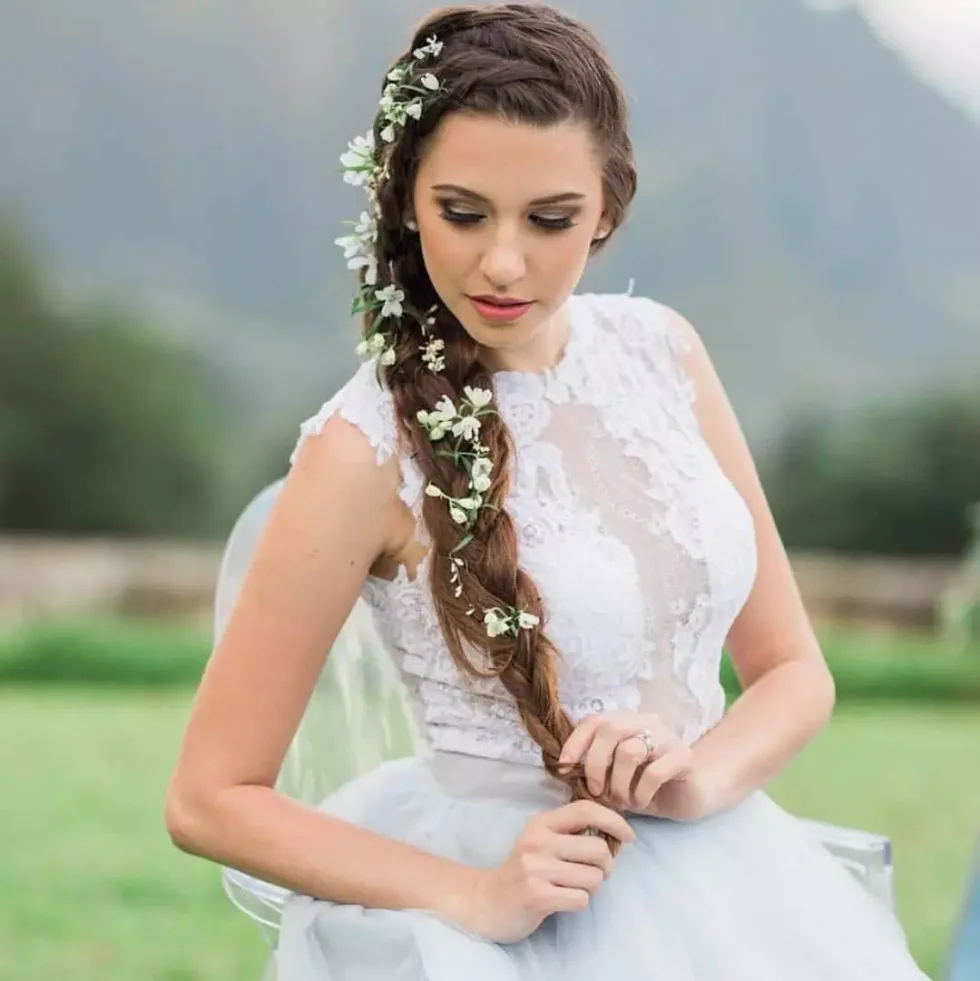 shoulder wavy brunette shag with curtain fringe shown as a wedding hairstyles ideas for long hair idea, featuring heavy layering