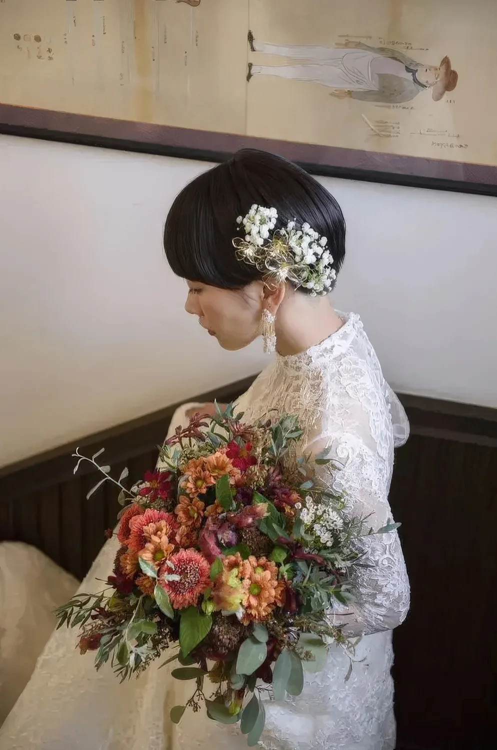Long and straight dark brown pixie with fresh blooms.