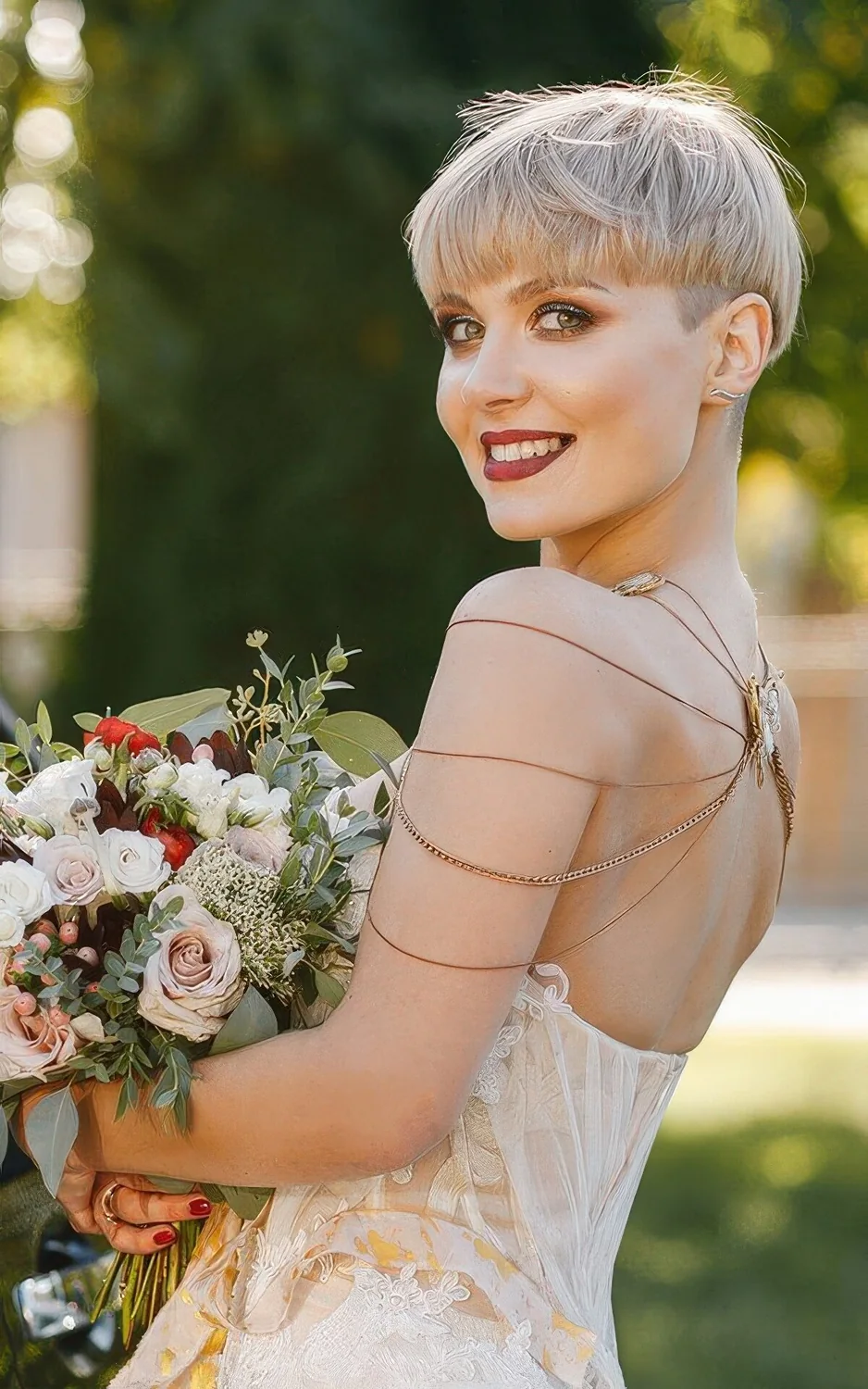 Long blonde pixie done with much volume.