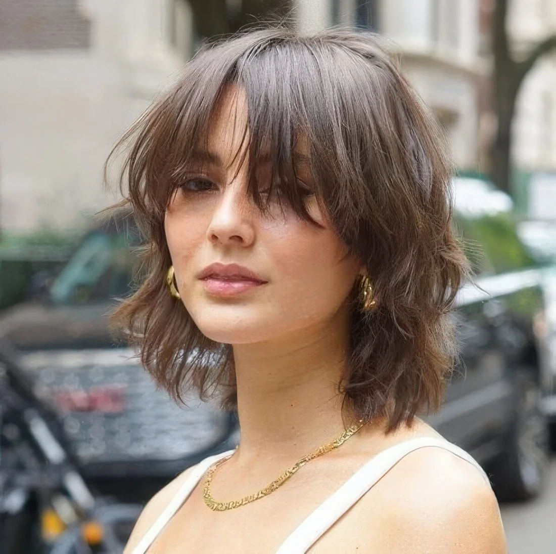 Short wolf cut in brown with bottleneck bangs and texture.
