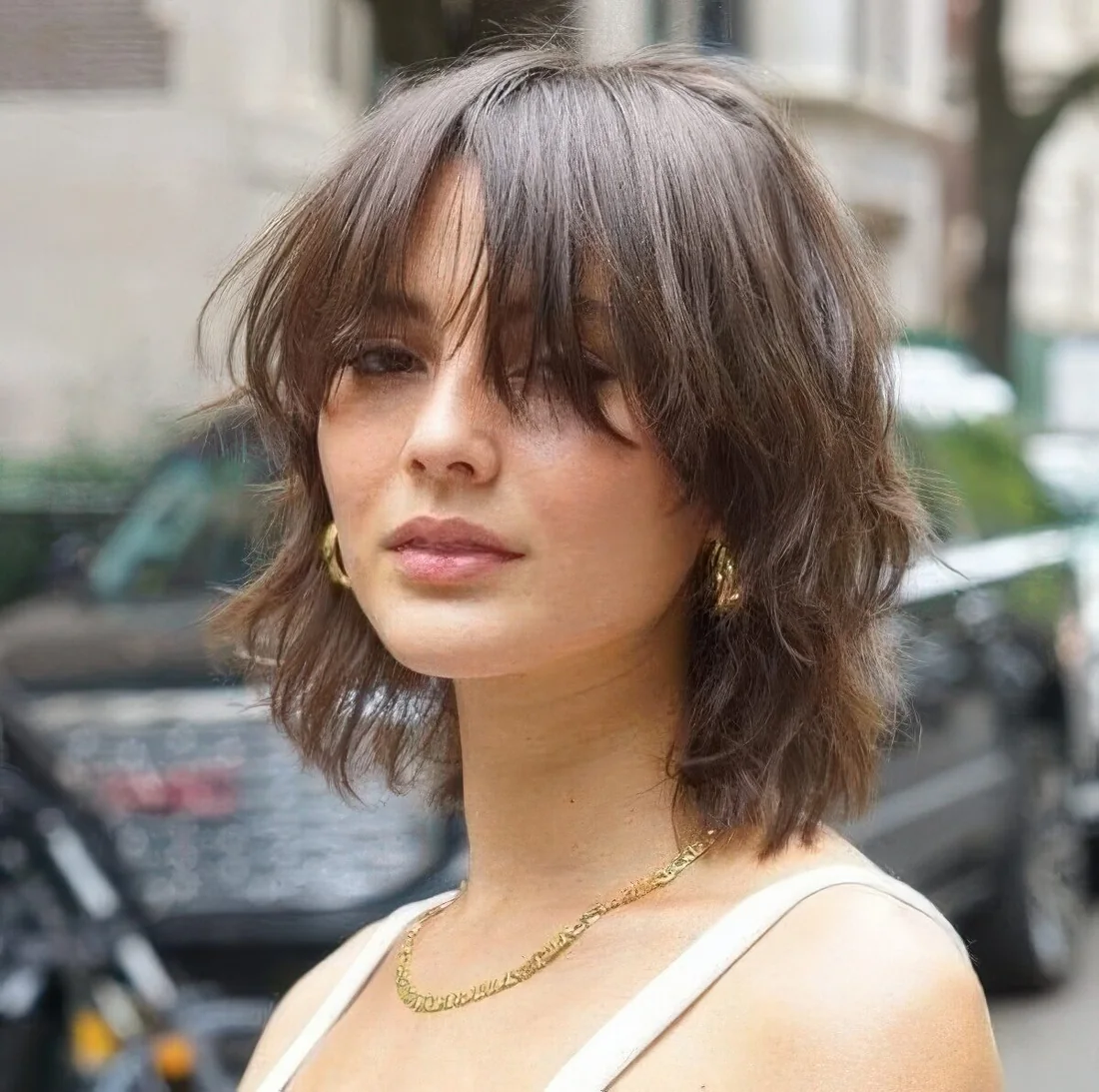 Short wolf cut in brown with bottleneck bangs and texture.