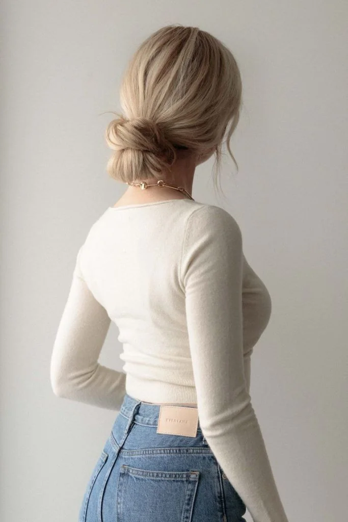 Photo showing wrapped low bun, with the hairstyle clearly visible.
